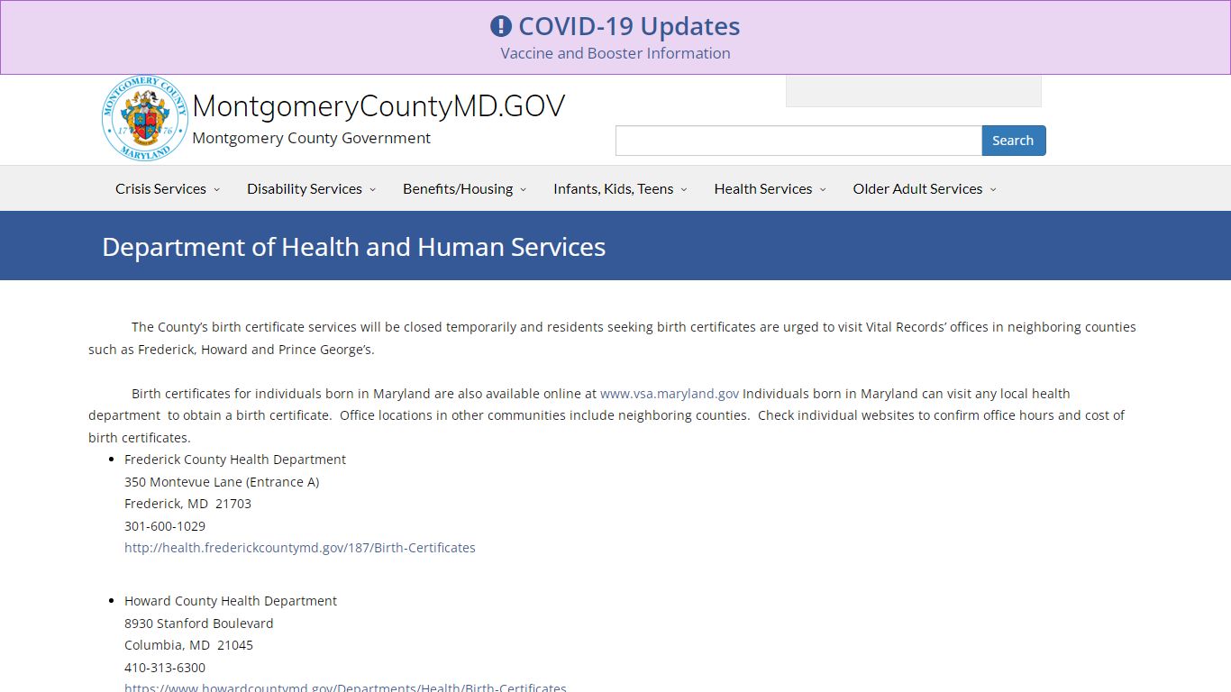 Montgomery County - Health and Human Services - Birth Certificate Closure